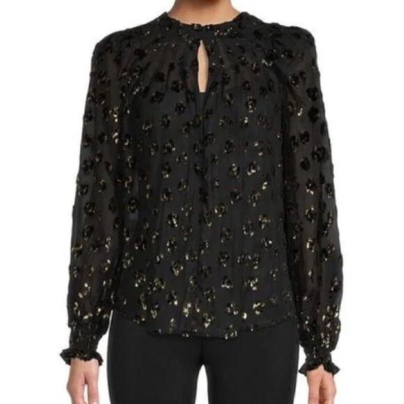 7 For All Mankind Tops - 7 FOR ALL MANKIND sheer black blouse top with gold leopard print detail (small)
